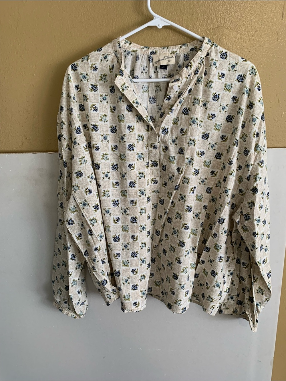 Universal Thread Cream Henley Blouse with Blue and Green Floral Print